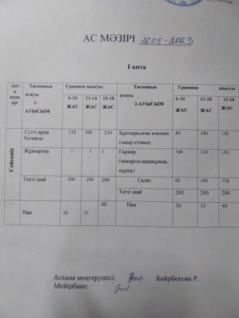 Бір күндік ас мәзірі