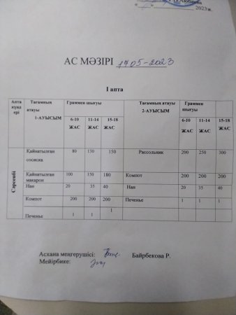 Бір күндік ас мәзірі