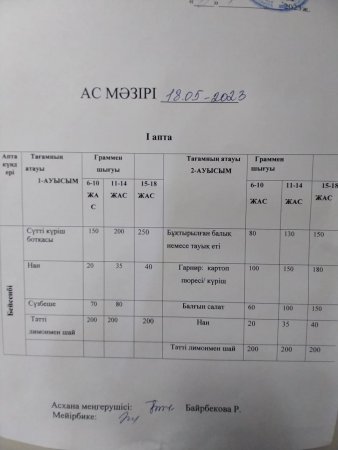 Бір күндік ас мәзірі