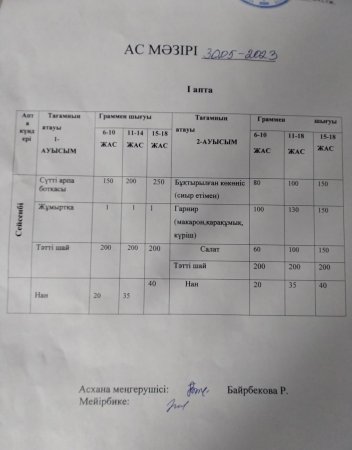 Бір күндік ас мәзірі